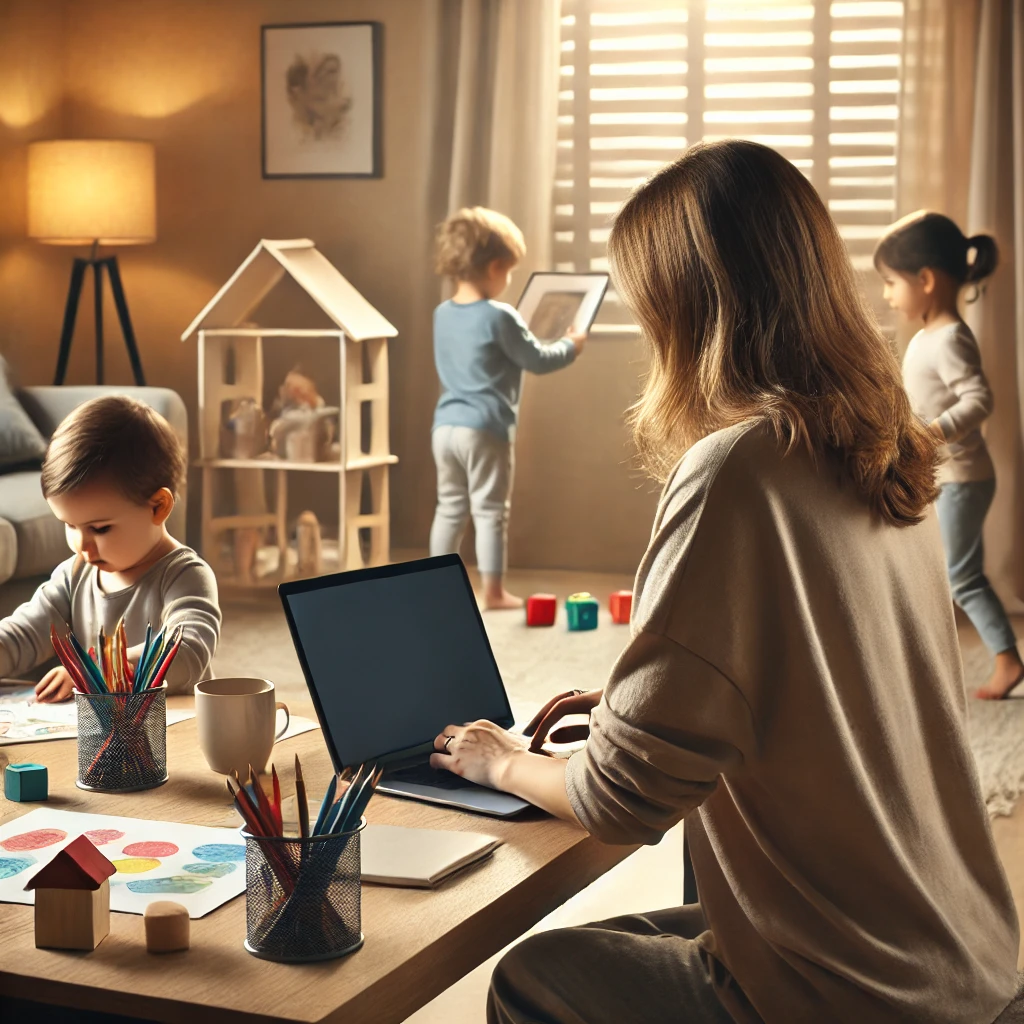 Single mother working from home while three children engage in activities like coloring and playing, representing the balance of full-time parenting and building multiple income streams for financial freedom.